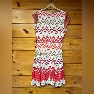 CB Women's IVORY/PINK Lined CROCHET LACE Chevron Stripe SHIFT DRESS 10